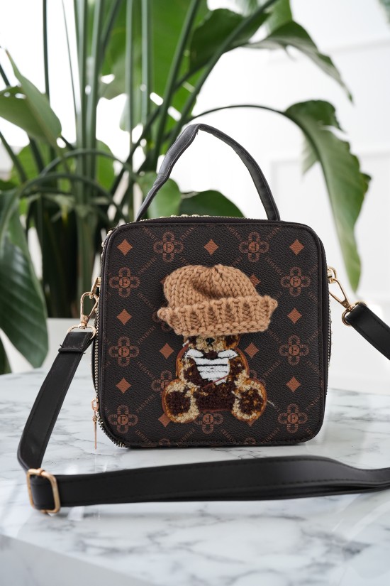 Handtasche Posttasche - dunkelbraun mit Teddybär