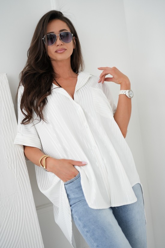 Luźna koszula w srebrne paski - biała